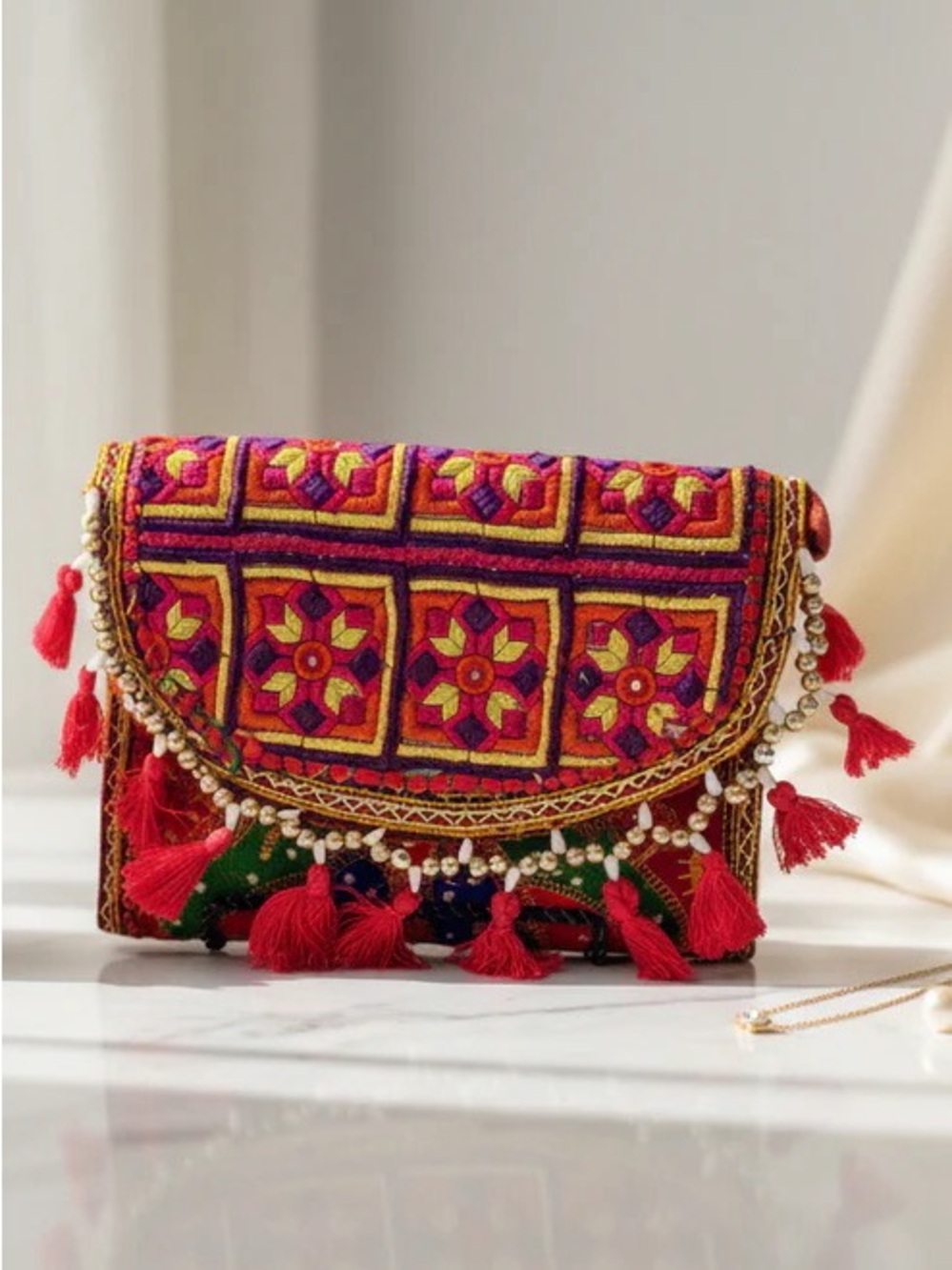 Handmade Multicolor Embroidered Beaded Banjara Shoulder/ Clutch Bag Red Purple